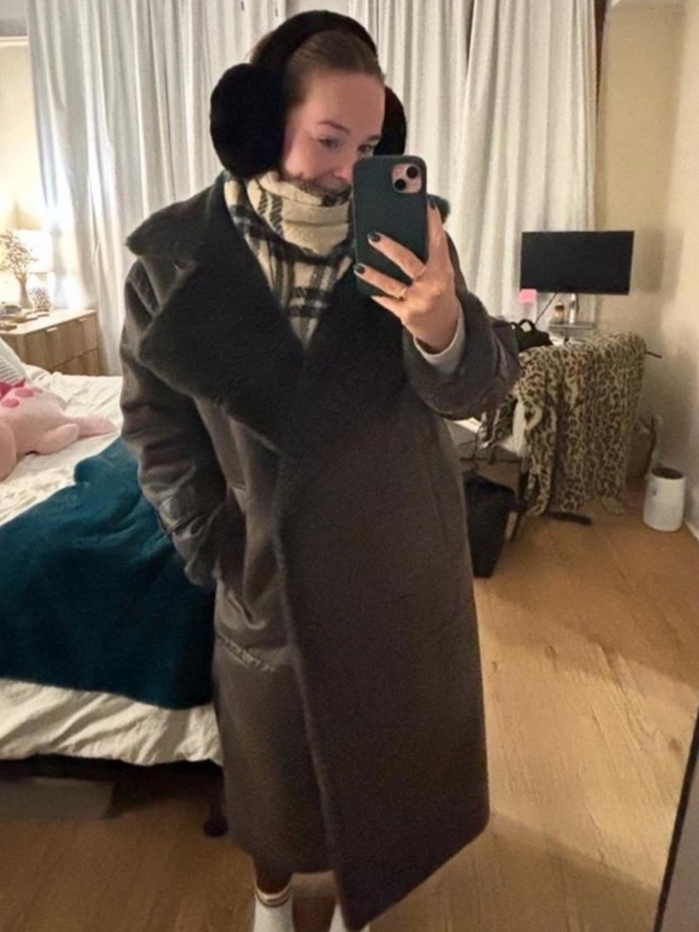 H&M Long Dark Brown Coat with Fur Collar